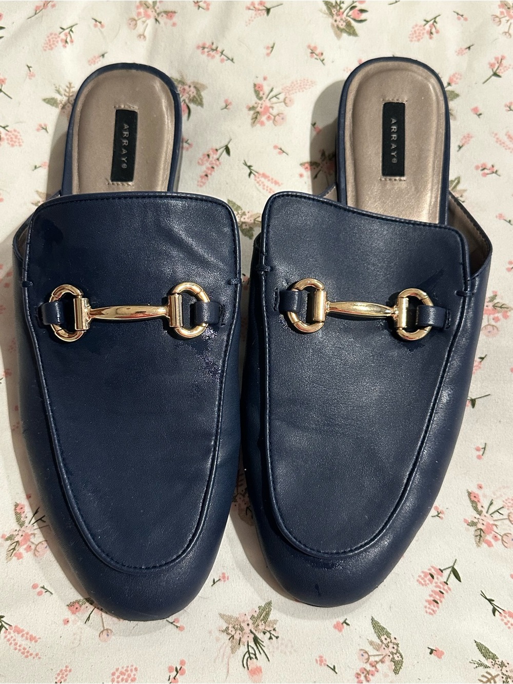 Array Navy Leather Slip-On Mules with Gold Horsebit